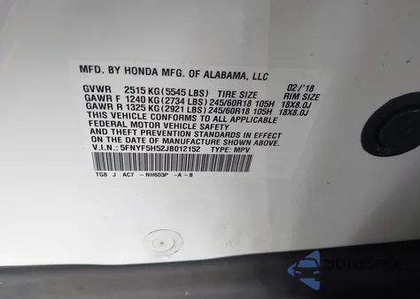 2018 Honda Pilot Ex-L из США, поврежденный, VIN 5FNYF5H52JB012152